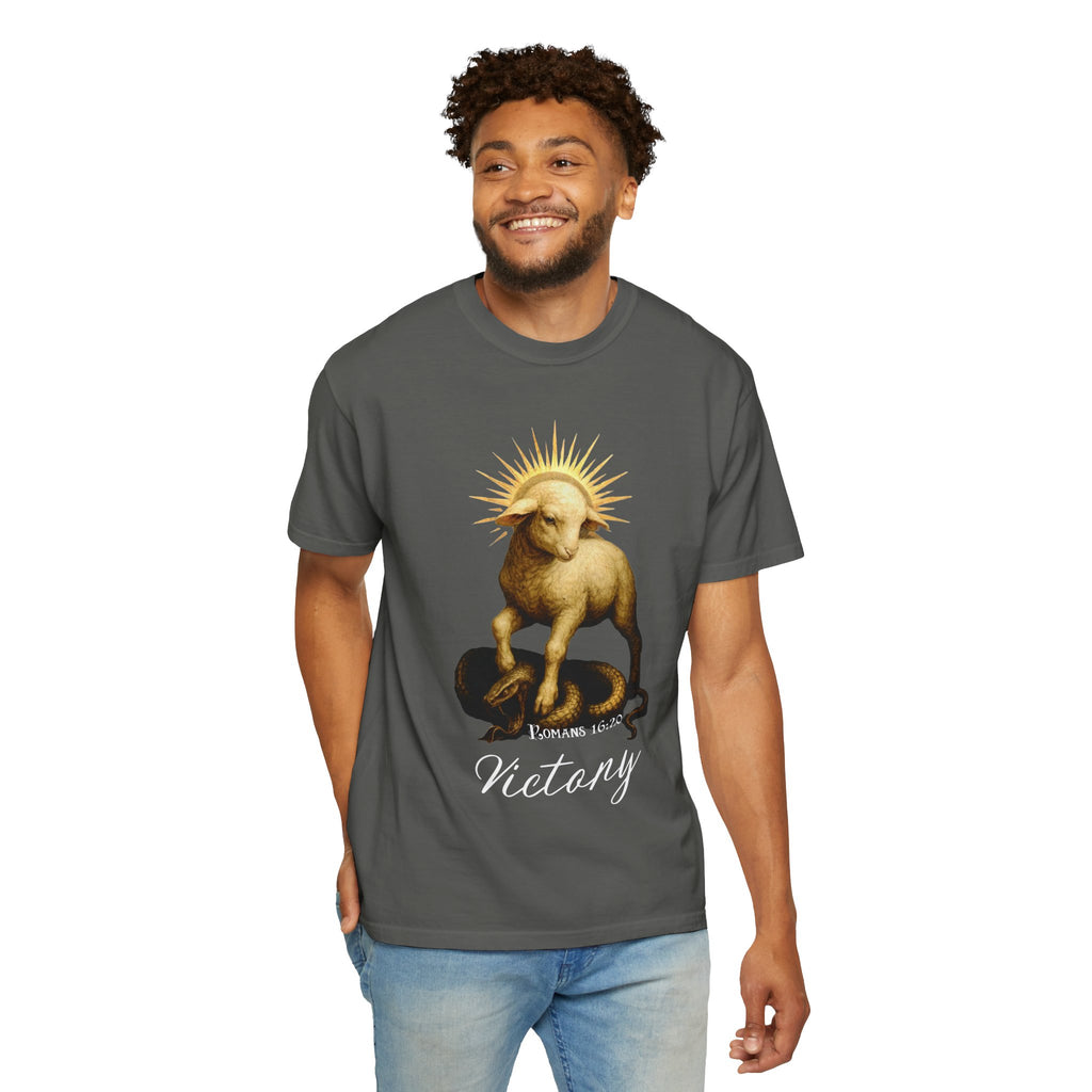 Man wearing a gray t-shirt with a graphic design of a ram and text on a white background