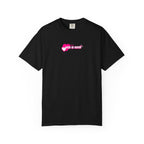 Black t-shirt with pink heart and text design on a white background