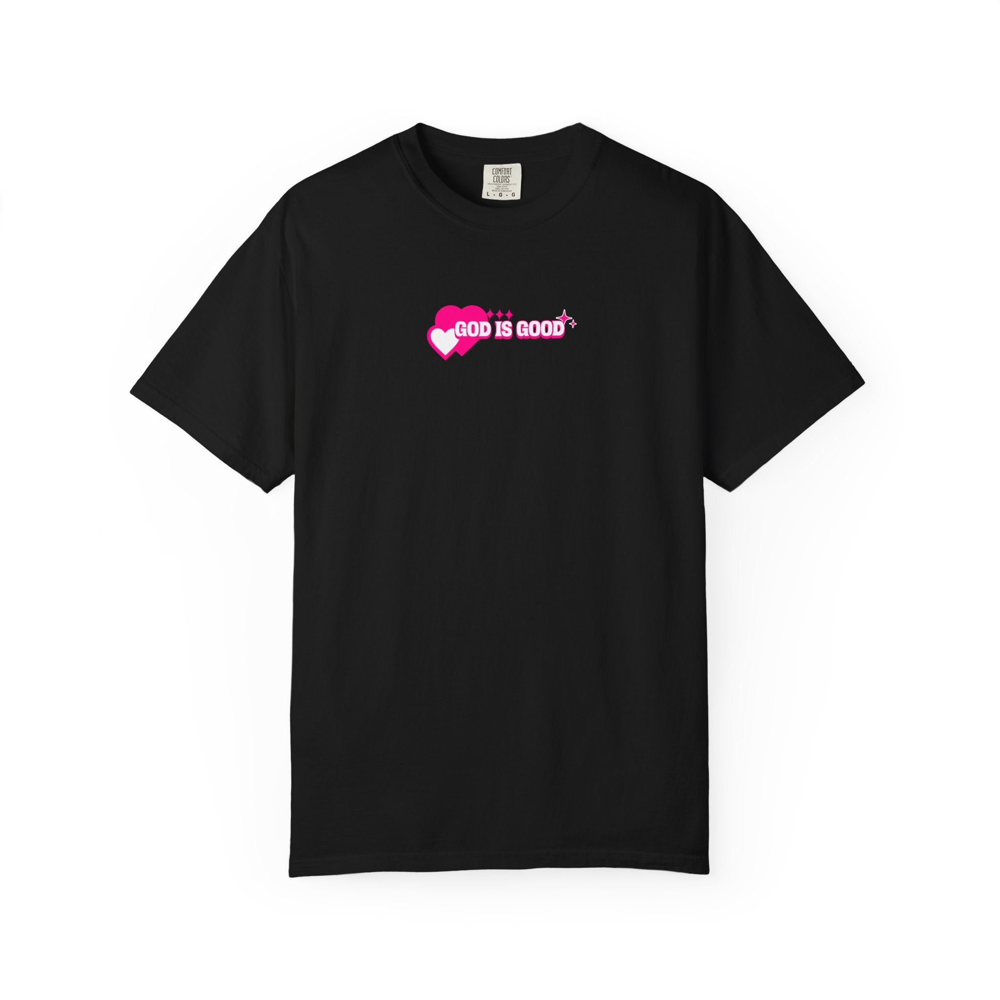 Black t-shirt with pink heart and text design on a white background