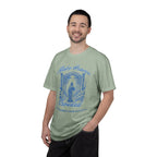 Man wearing a green t-shirt with a graphic design and text on a white background
