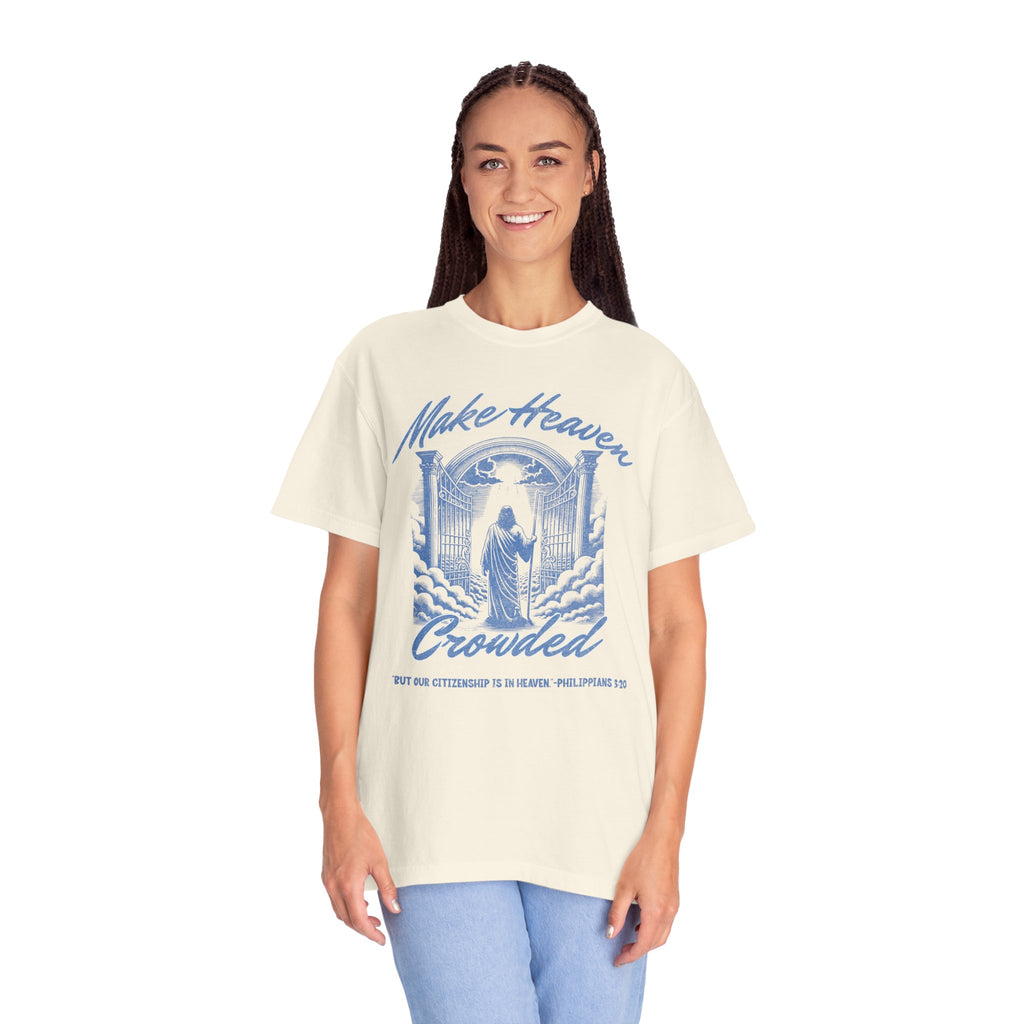 Woman wearing a t-shirt with a graphic design and text on a white background