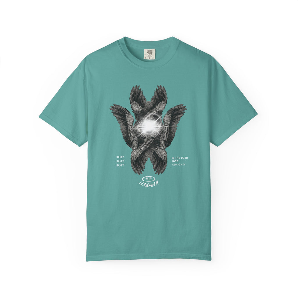 Teal t-shirt with a graphic design of a bird on a white background