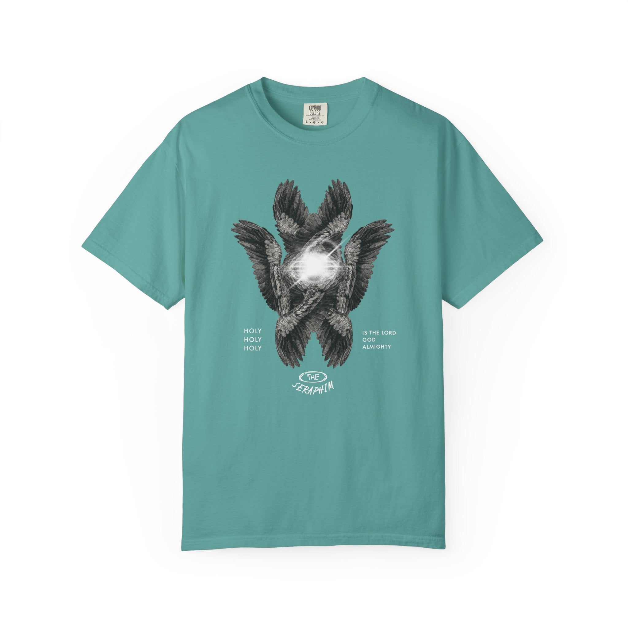 Teal t-shirt with a graphic design of a bird on a white background