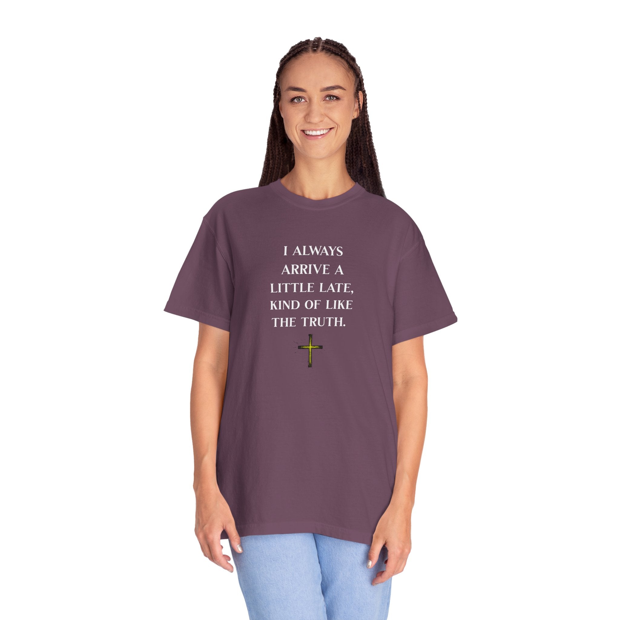 Woman wearing a purple t-shirt with text on a white background