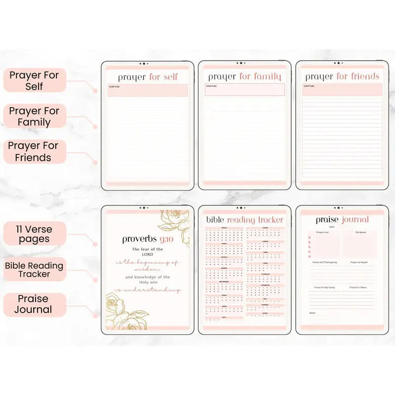 Collection of prayer and journaling pages on a white background