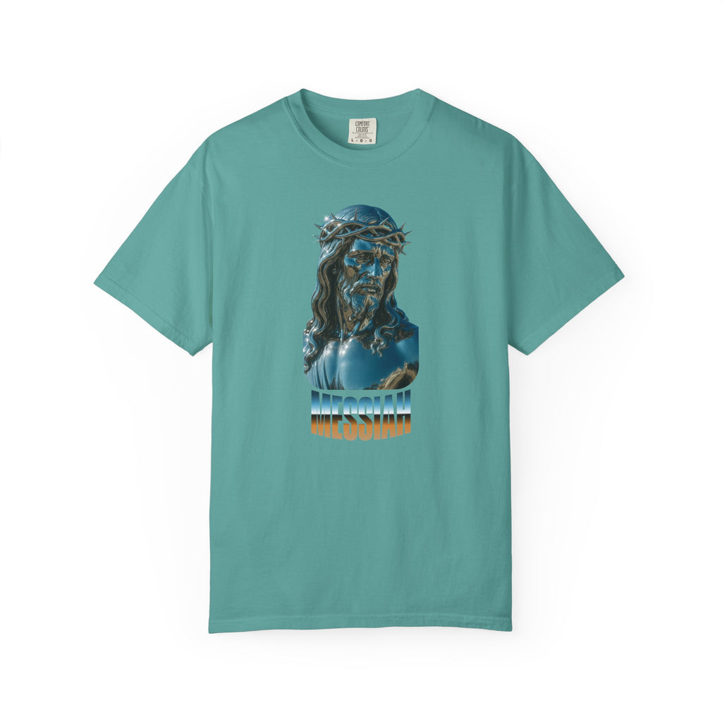 Teal t-shirt with a graphic of a religious figure and text on a white background