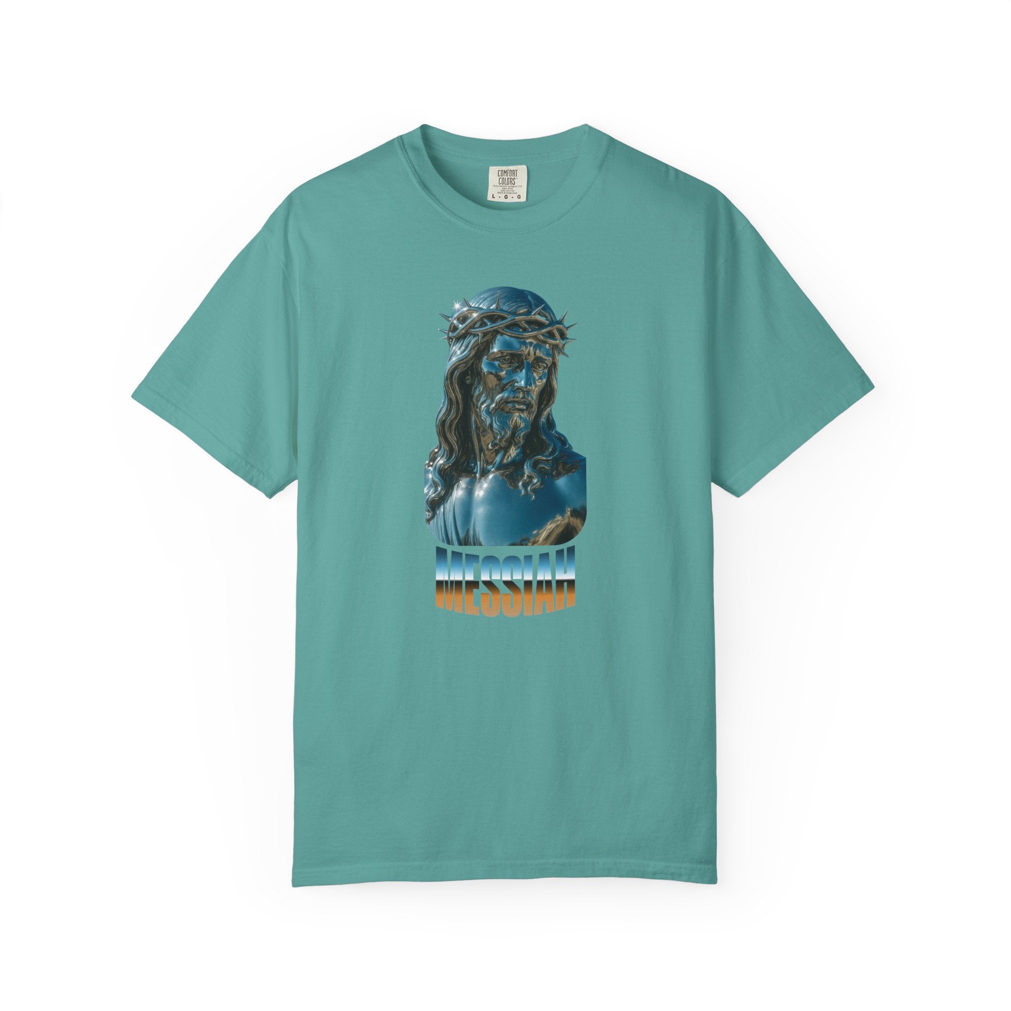 Teal t-shirt with a graphic of a religious figure and text on a white background