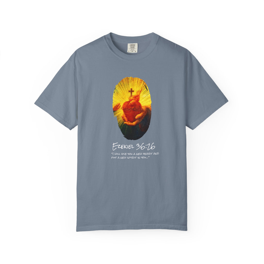 Gray t-shirt with a graphic design and text on a white background