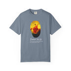 Gray t-shirt with a graphic design and text on a white background