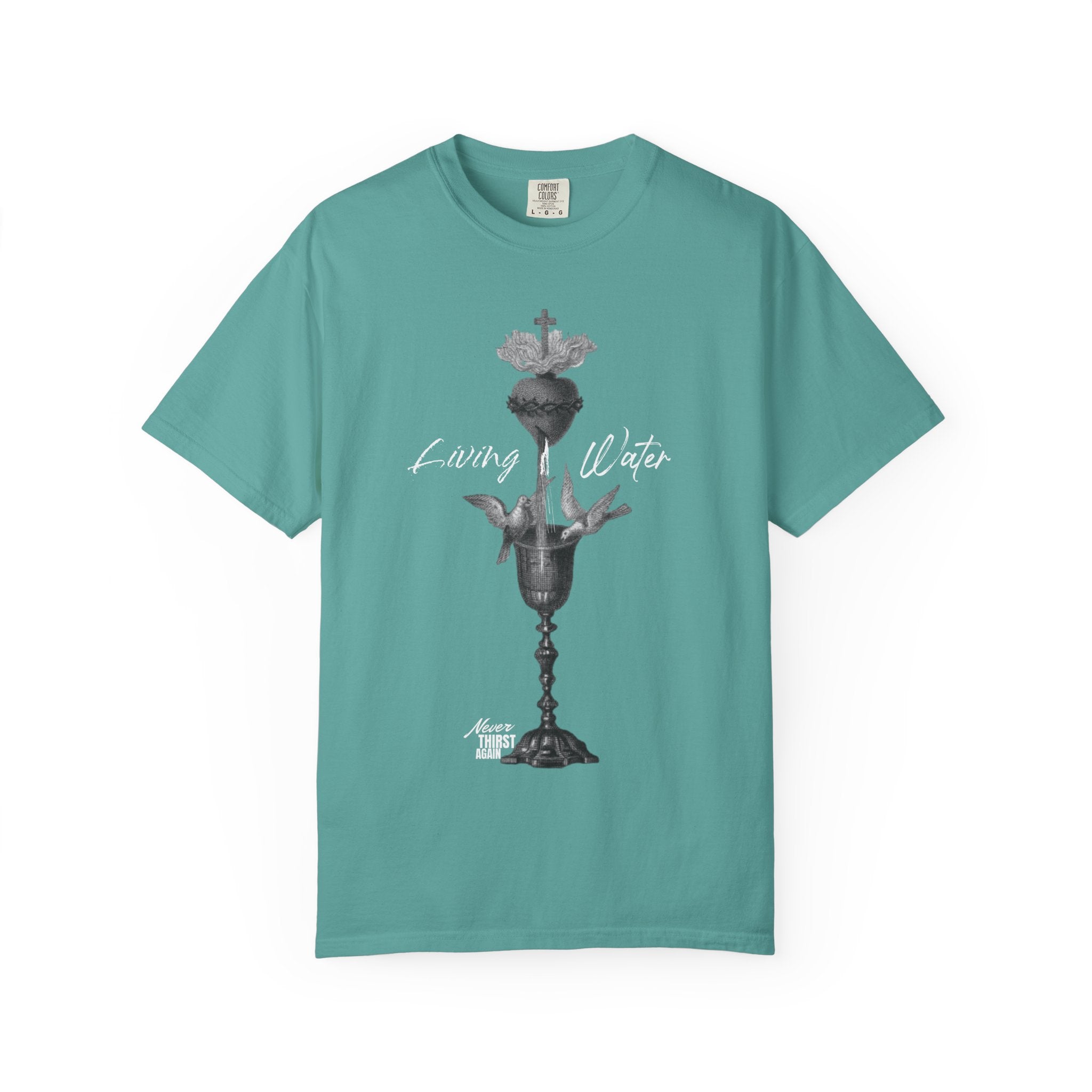 Teal t-shirt with a graphic design on a white background