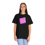 Person wearing a black t-shirt with pink and yellow text on a white background