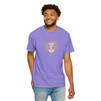 Man wearing a purple t-shirt with a graphic design on a white background
