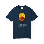 Navy blue t-shirt with a graphic design and text on a white background