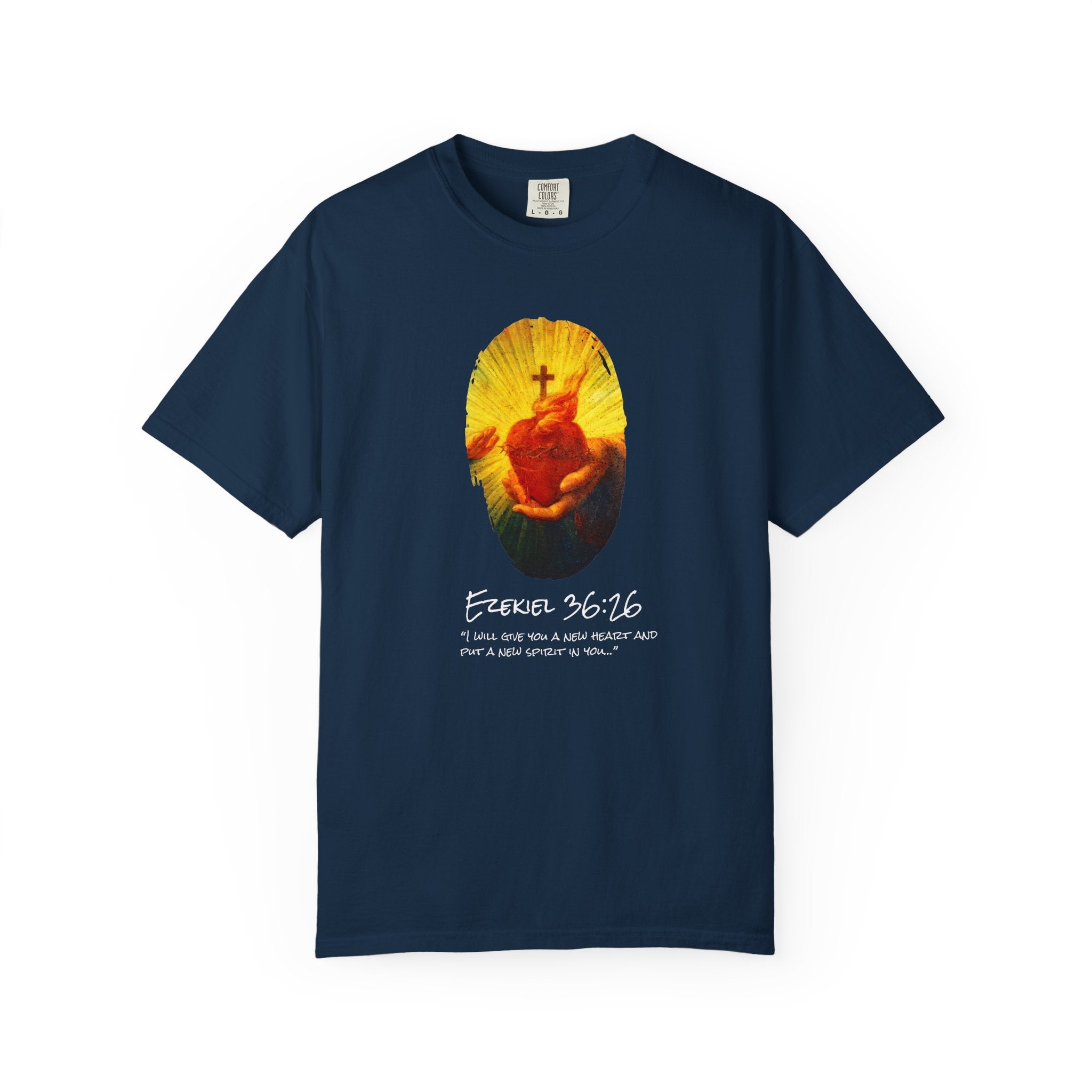 Navy blue t-shirt with a graphic design and text on a white background