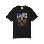 Black t-shirt with American flag and eagle design on a white background
