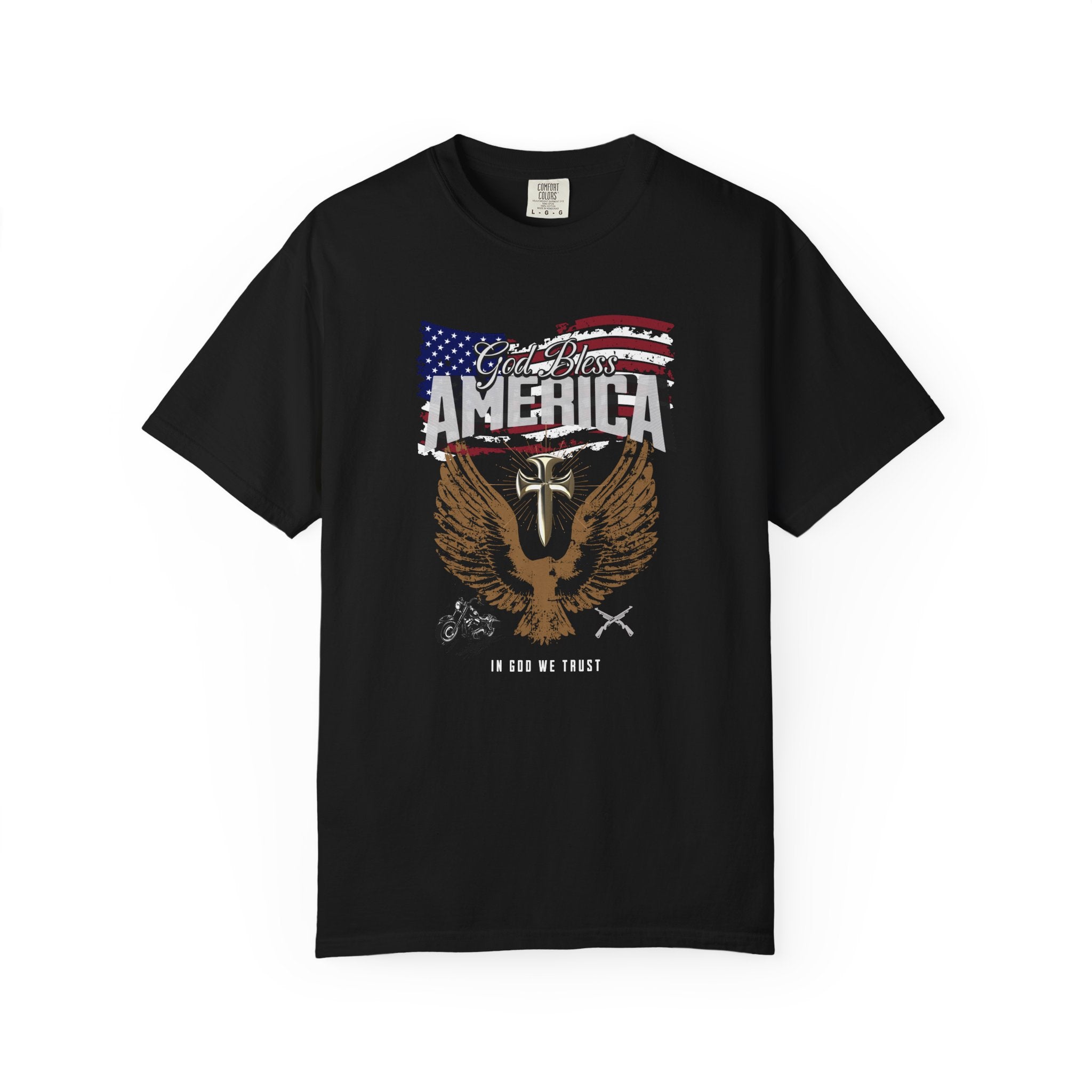 Black t-shirt with American flag and eagle design on a white background