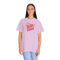 Person wearing a light purple t-shirt with 'Faith Over Fear' text and heart design on a white background