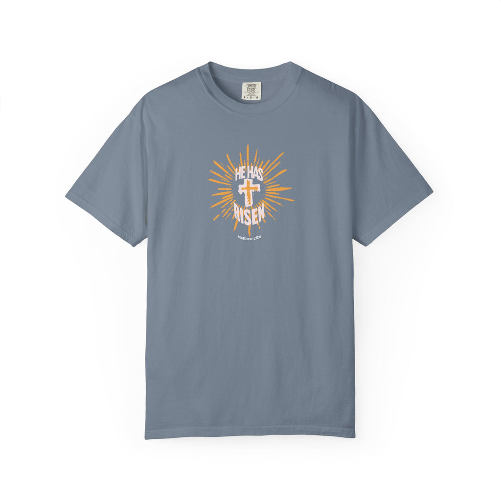 Teal t-shirt with white text on a white background