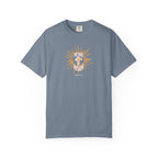 Teal t-shirt with white text on a white background