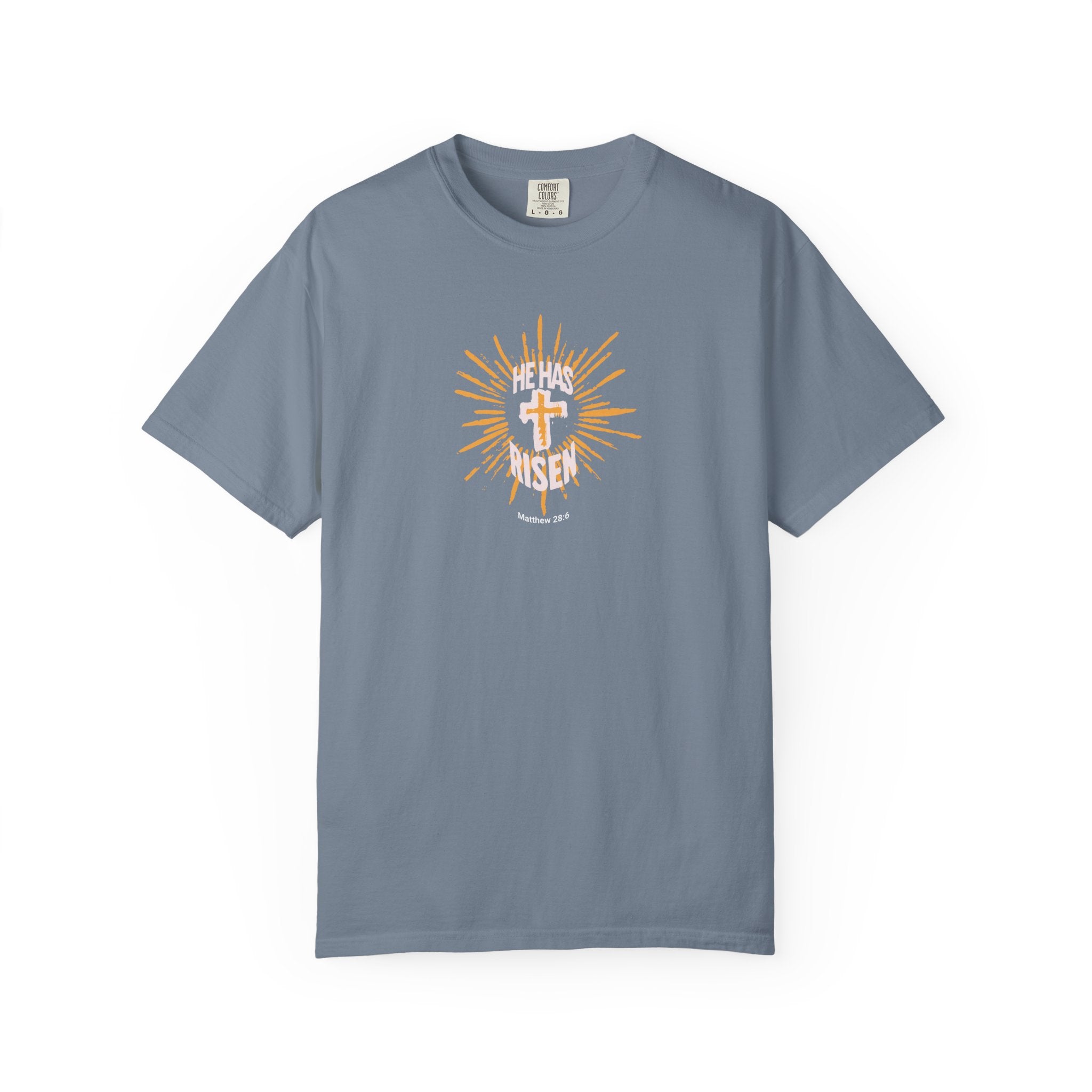 Teal t-shirt with white text on a white background