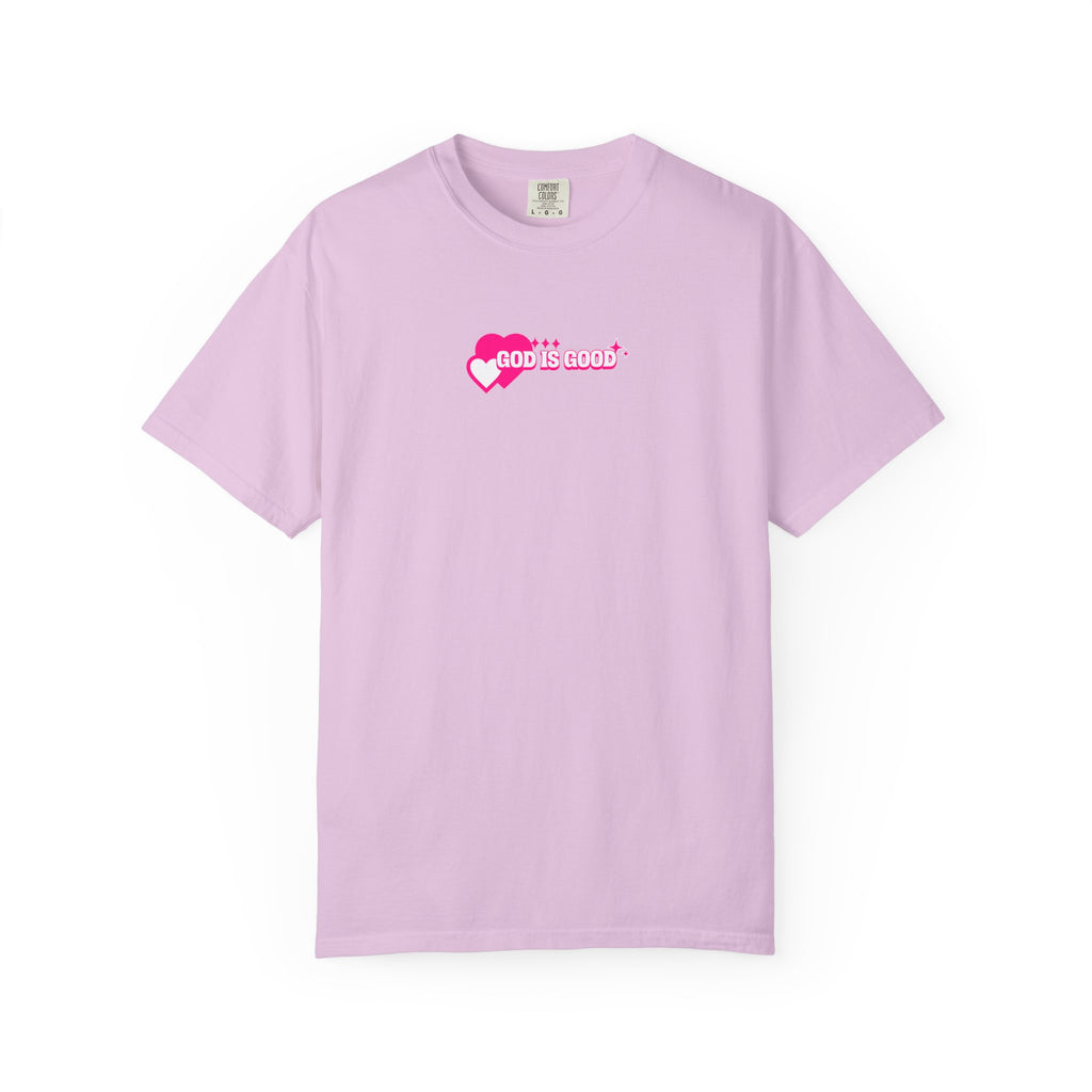 Light purple t-shirt with a pink logo on a white background