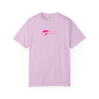 Light purple t-shirt with a pink logo on a white background
