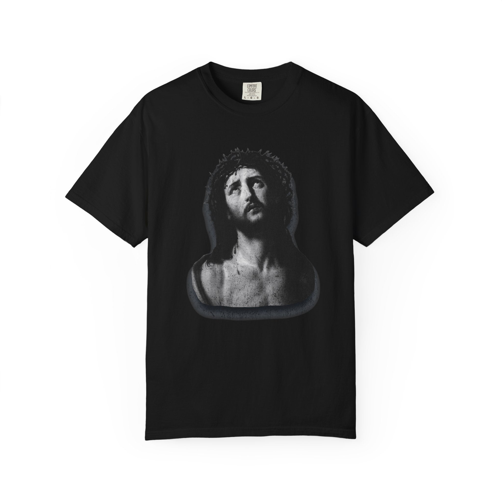 Black t-shirt with a graphic of a classical sculpture on a white background
