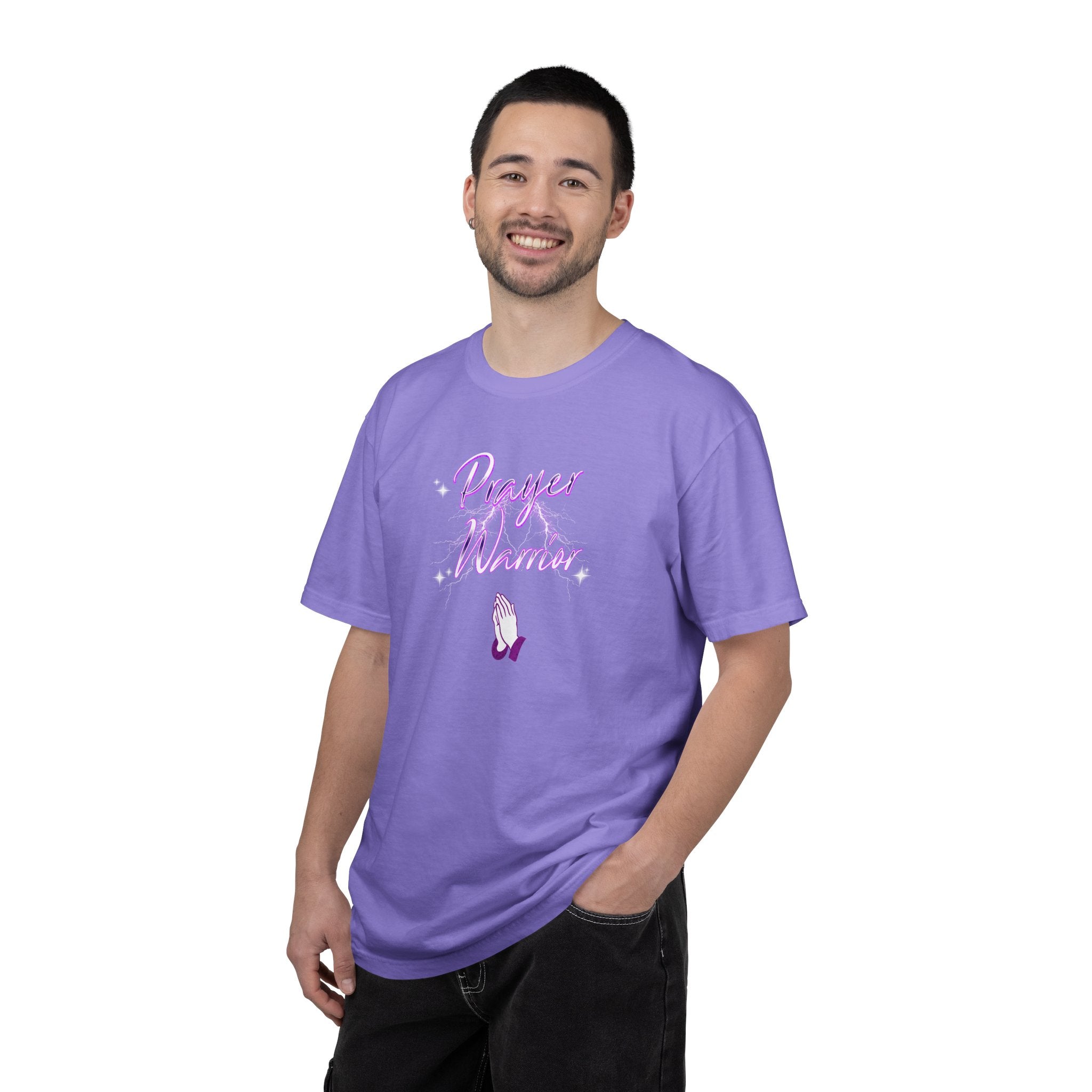 Man wearing a purple t-shirt with a design on a white background