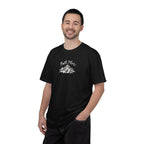 Man wearing a black t-shirt with a graphic design on a white background