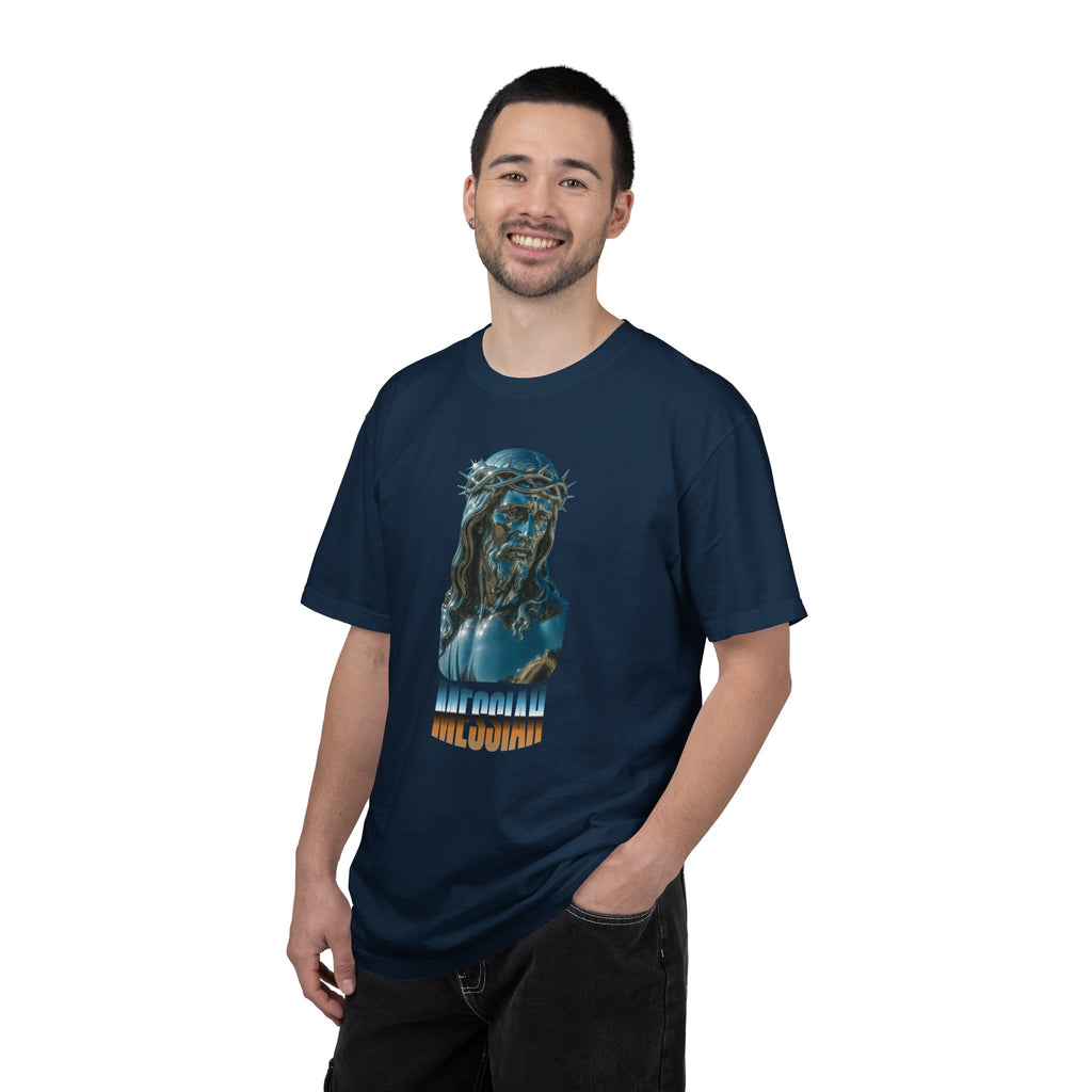 Man wearing a navy blue t-shirt with a graphic design on a white background