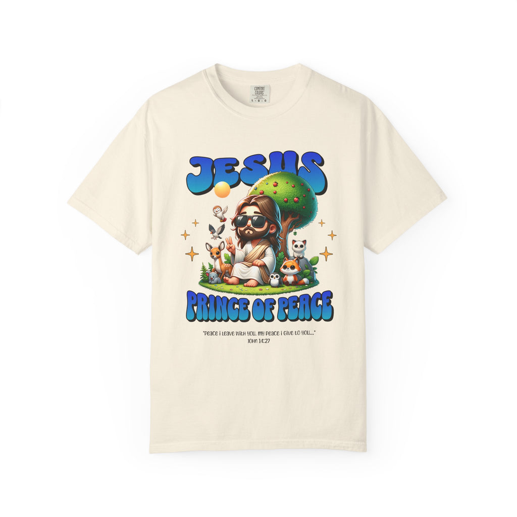 Beige t-shirt with 'Jesus Prince of Peace' graphic design on a white background