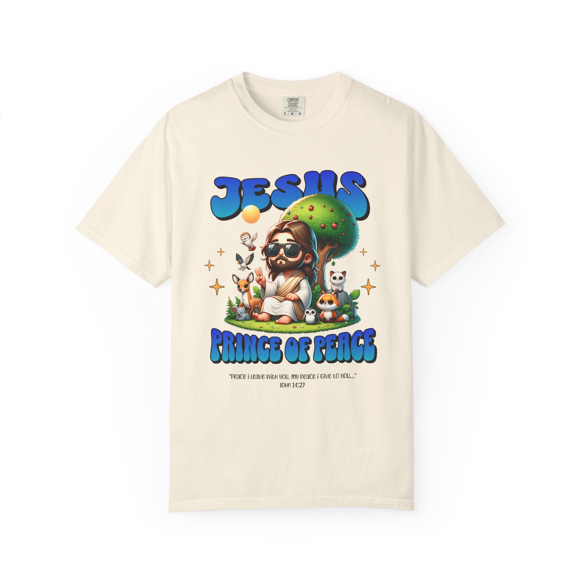 Beige t-shirt with 'Jesus Prince of Peace' graphic design on a white background