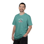 Man wearing a teal t-shirt with 'Dream State' logo on a white background
