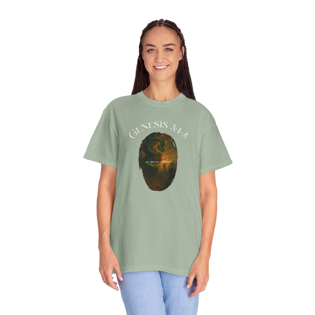 Person wearing a green t-shirt with a graphic design on a white background