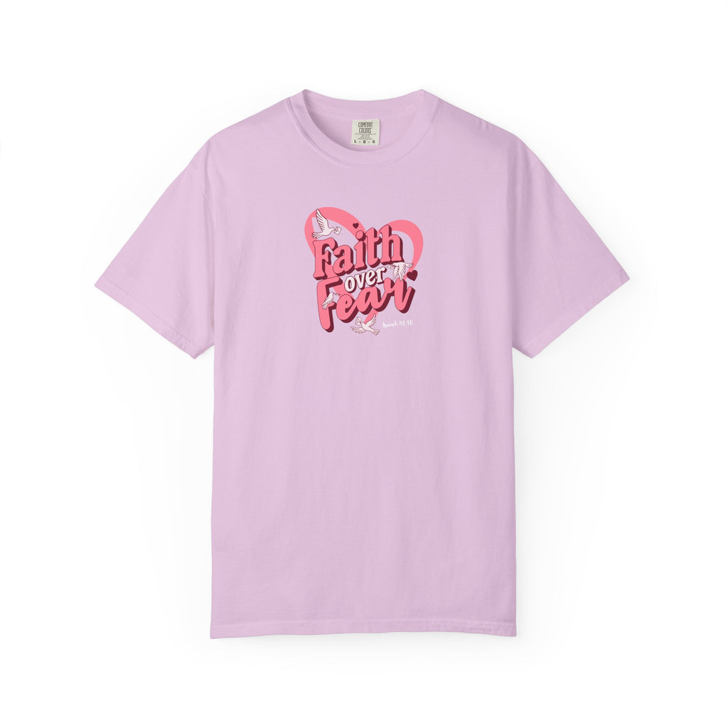 Pink t-shirt with 'Faith Over Fear' design on a white background