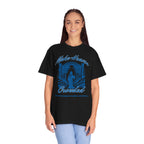 Person wearing a black t-shirt with 'Faith That Moves Mountains' text on a white background