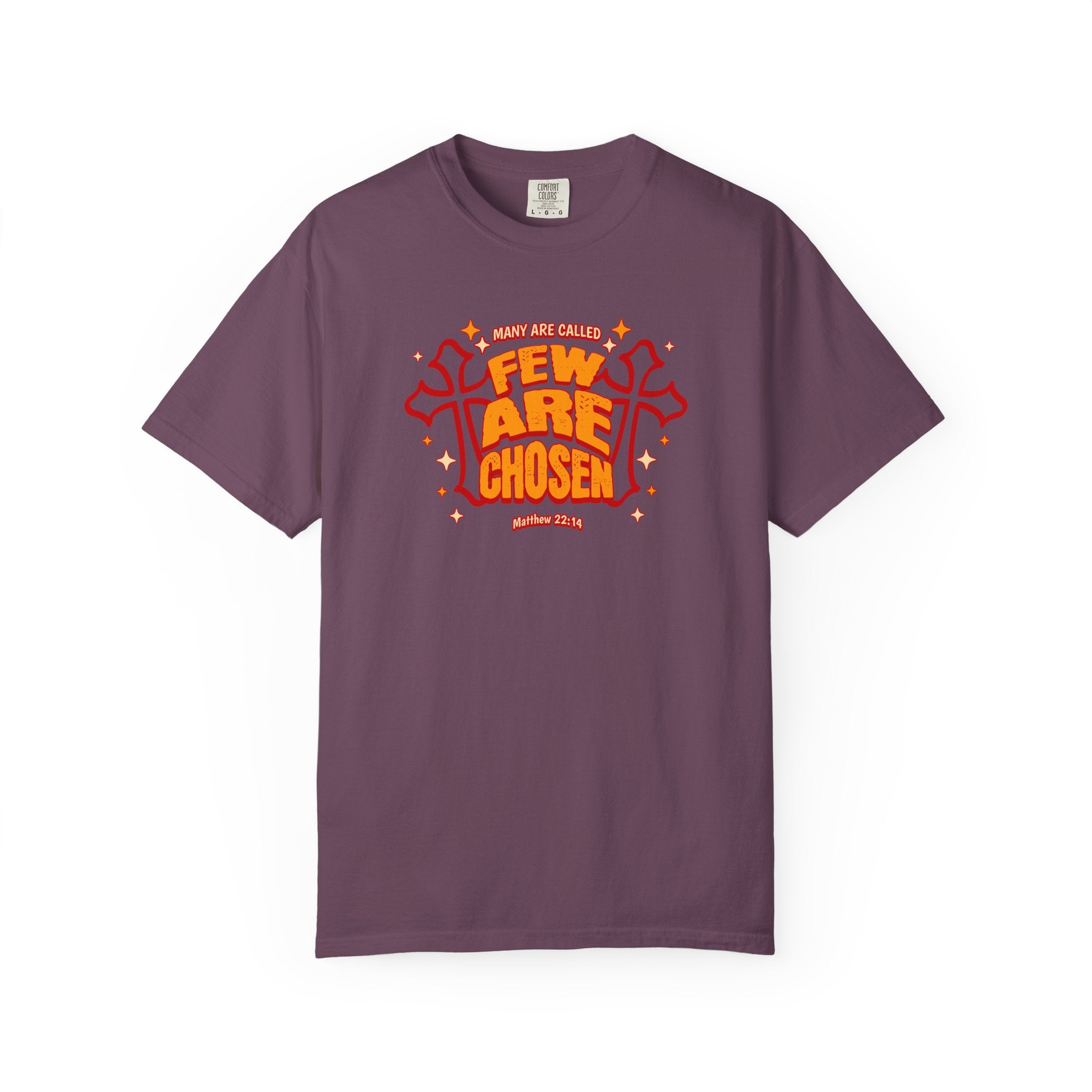 Purple t-shirt with red and white text and graphics on a white background