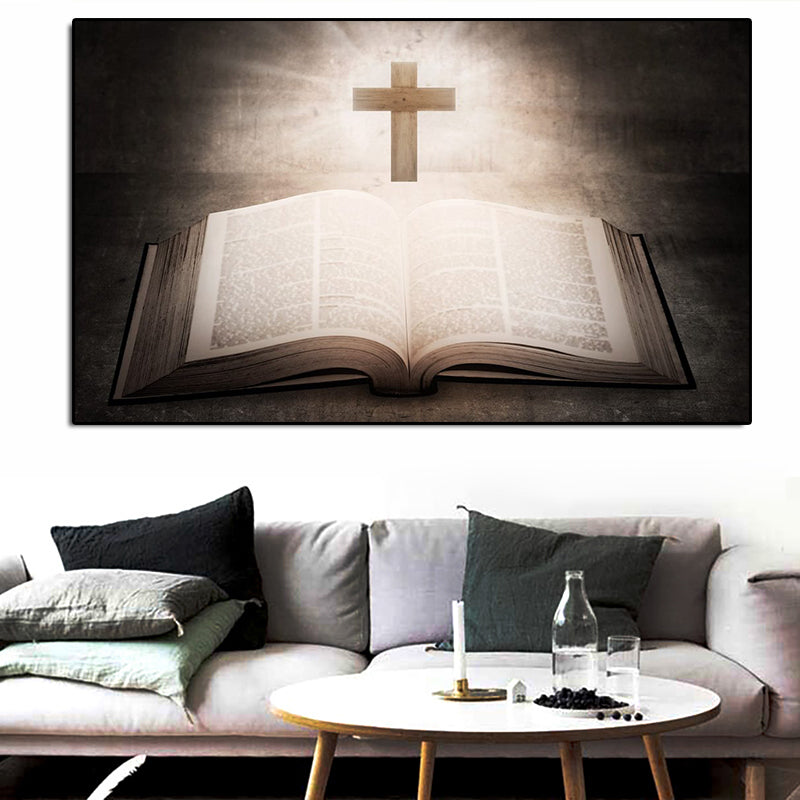 Open book with a cross on top in a living room setting