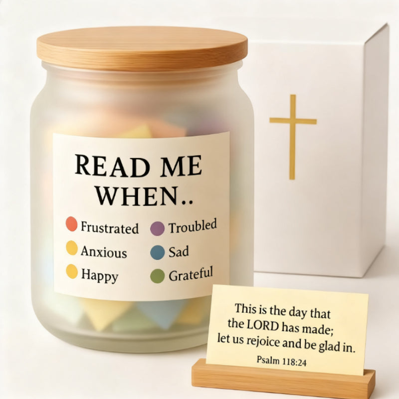 Jar with colorful slips of paper and a card with a cross and Psalm 118:24 text.