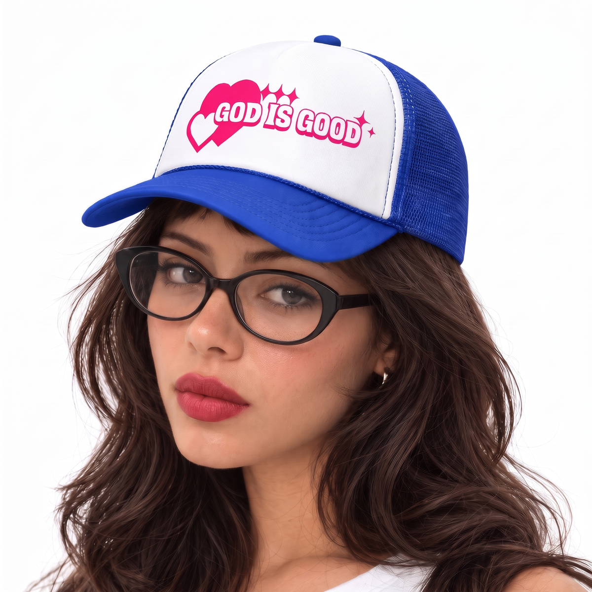 God Is Good Pink Heart Trucker Cap