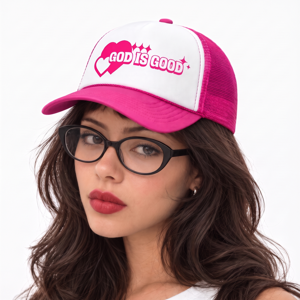 God Is Good Pink Heart Trucker Cap