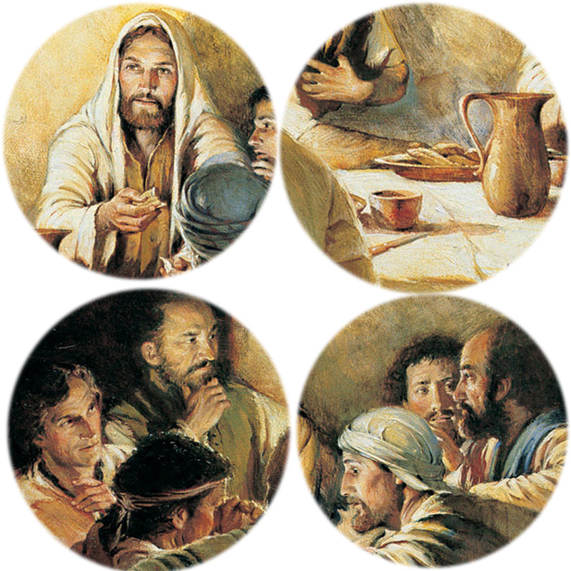 Set of four circular images depicting scenes from a religious narrative with people in historical attire.