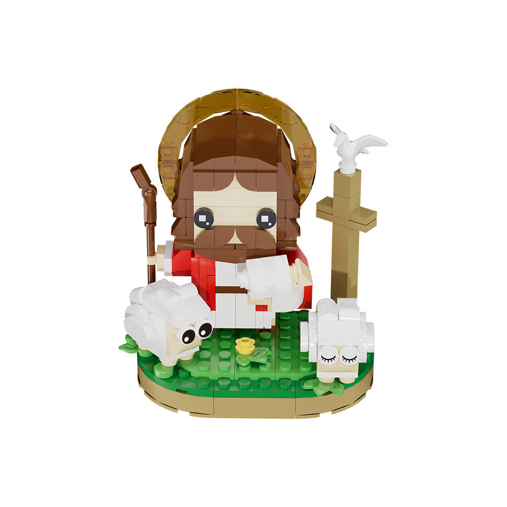 Toy figure of a shepherd with sheep made from interlocking bricks on a white background