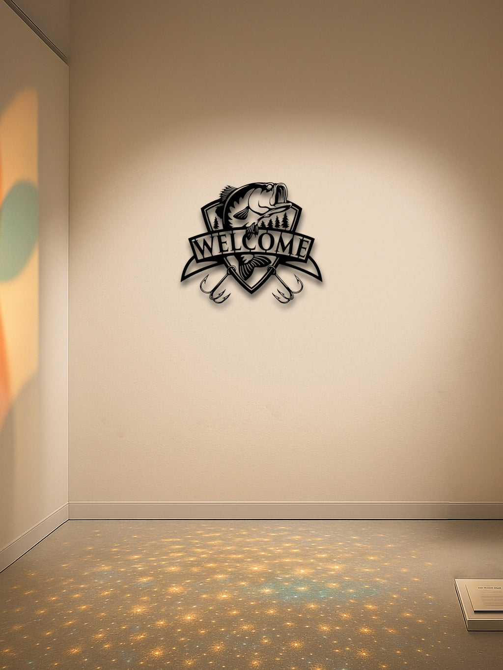 Metal wall art with 'Welcome' text on a beige wall