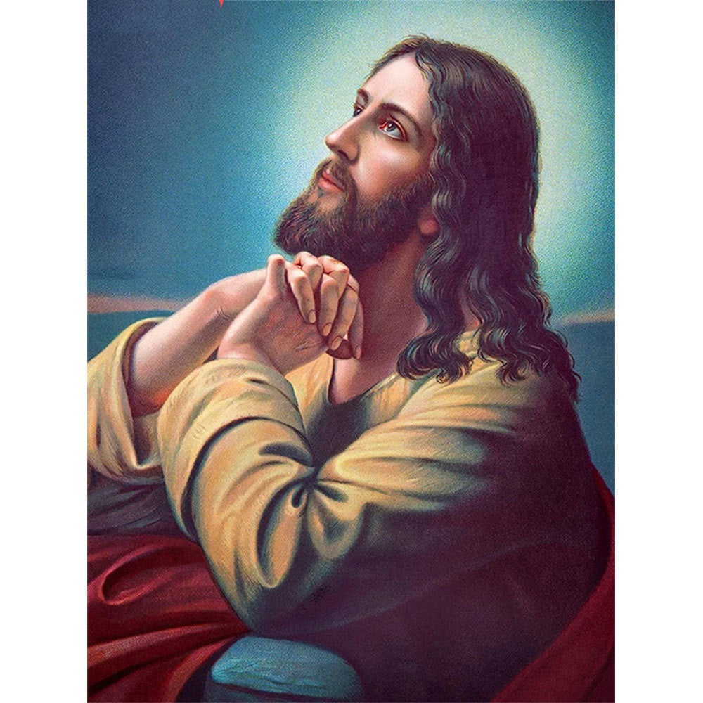 Painting of a religious figure with long hair and beard, wearing a robe, against a blue background.