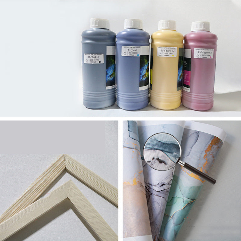 Four ink bottles in different colors with a close-up of a framed artwork and a magnifying glass.