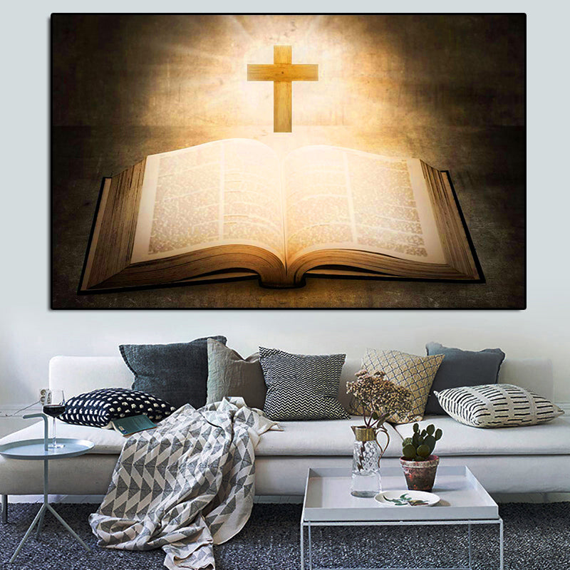 Living room with an open book and cross on the wall