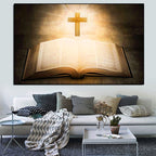 Living room with an open book and cross on the wall