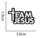 Sticker with 'Team Jesus' text and cross symbol, shown with measurements on a white background.