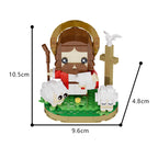 Toy figure of a religious character with sheep, dimensions indicated, on a white background